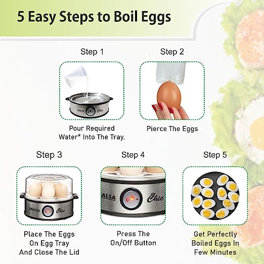 Inalsa Chic Instant Egg Boiler, 360 Watts, Steel Base, Food Grade BPA Free Lid, 1-7 Eggs, Double Safety, Adjustable degree of hardness, Indicator Light, Water Measuring Cup, (Black/Silver) Inalsa Chic Instant Egg Boiler, 360 Watts, Steel Base, Food Grade BPA Free Lid, 1-7 Eggs, Double Safety, Adjustable degree of hardness, Indicator Light, Water Measuring Cup, (Black/Silver)